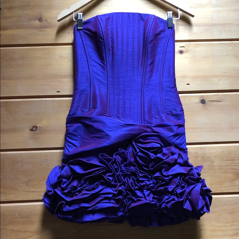 Iridescent purple Jessica McClintock 3D flowers strapless boning dress 4 prom